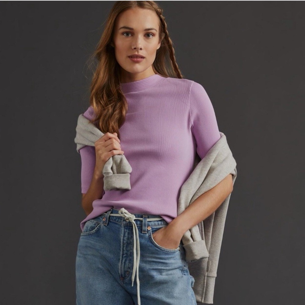Maeve x Anthropologie Short Sleeve Ribbed Mock Neck Tee In Lilac Purple Sz Small